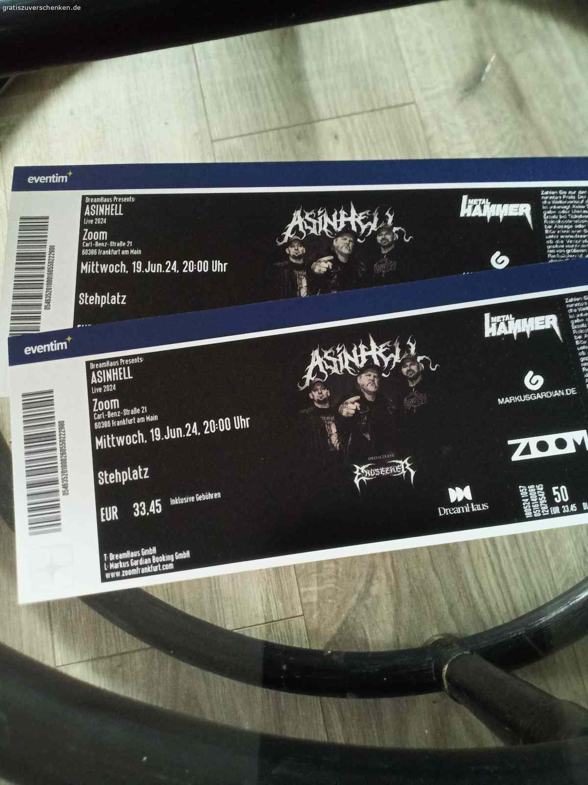 Konzertkarten. Verschenke 2 Konzertkarten von Asinhell in Frankfurt am Main am 19.6.2024 um 20 Uhr.